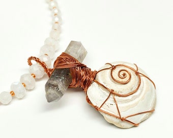 White Rainbow Moonstone, Spiral Seashell, Double Terminated Tibetan Phantom Quartz, Copper Wire Wrapped Pendant Necklace, Artisan Necklace