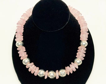 Chunky Wavy Rose Quartz and Hammered Karen Hill Tribe Silver Ball Statement Necklace, Artisan Necklace