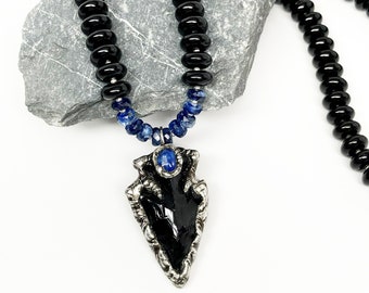 Gothic Medieval Clawed Black Obsidian Blue Kyanite Black Onyx Arrowhead Necklace, Artisan Necklace