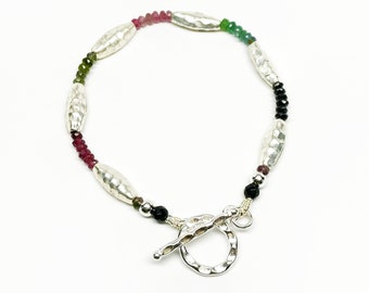 Colors Of Tourmaline Hammered Hill Tribe Silver Sterling Silver Bracelet, Artisan Bracelet