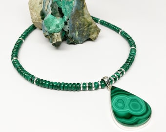 Eye of Malachite Sterling Silver Teardrop Pendant, Malachite and Sterling Silver Rondelle Necklace, Artisan Necklace