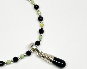 Sterling Silver Black Onyx Teardrop Pendant Necklace, Green Opal Accent