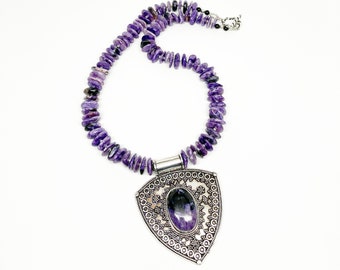 Charoite Freeform Discs, Sterling Silver Shield and Charoite Cabochon Pendant Necklace, Artisan Necklace, Statement Necklace