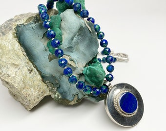 Faceted Azurite, Lapis Lazuli Sterling Silver Pendant and Hill Tribe Silver Necklace, Artisan Necklace