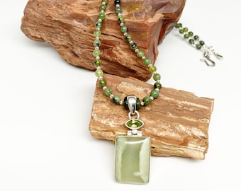 Serpentine, Peridot, Rainforest Jasper, Olive Tourmaline and Sterling Silver Pendant Necklace, Artisan Necklace