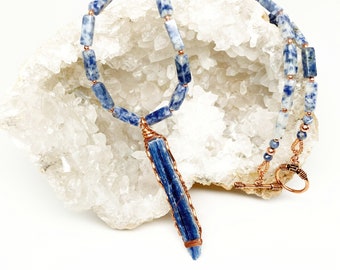 Raw Blue Kyanite Blade, Copper and Sodalite Pendant Necklace, Artisan Necklace