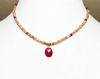 Ruby, Mystic Sunstone and Gold Dangling Pendant Necklace, Artisan Necklace