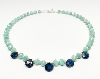 Dark Blue Labradorite Briolette, Faceted Amazonite, Hill Tribe Silver and Sterling Silver Necklace, Artisan Necklace