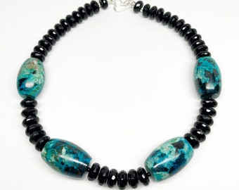 Chrysocolla Barrels Black Onyx Necklace, Artisan Necklace, Statement Necklace