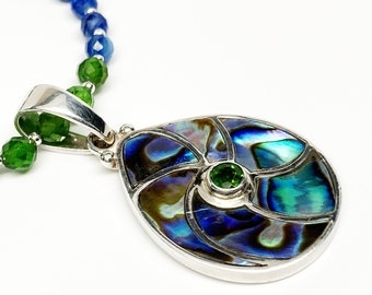 Blue Kyanite Chrome Diopside Paua Abalone Shell Sterling Silver Pendant Necklace, Sajen Pendant, Artisan Necklace