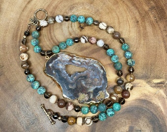 Druzy Agate Geode Slice Pendant African Turquoise Agate Smoky Quartz Beaded Necklace