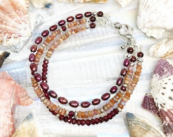 Cranberry Peach Dream Rhodolite Garnet, Mystic Sunstone, Pearl, Hill Tribe Silver, Sterling Silver Triple Strand, Artisan Bracelet