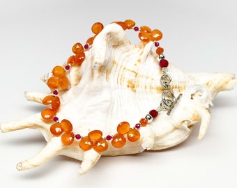 Orange Carnelian Faceted Briolettes, Ruby, Sterling Silver, Hill Tribe Silver Bracelet, Artisan Bracelet