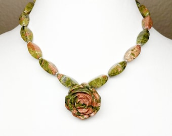 Unakite Carved Rose Pendant, Unakite 4-Sided Nugget, Hill Tribe Silver Necklace, Rose Necklace, Artisan Necklace