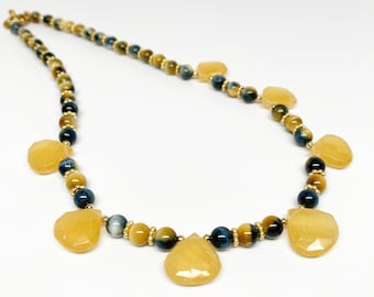 Yellow Calcite Briolette, Golden Blue Tiger Eye and Gold Necklace, Artisan Necklace