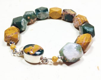 Ocean Jasper Chunky Faceted Nugget Bracelet with Ocean Jasper and Sterling Silver Clasp, 7.75" INTERIOR, Artisan Bracelet