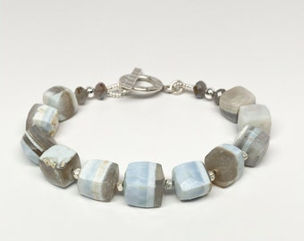 Blue Boulder Opal Cubes Hill Tribe Silver Labradorite Bracelet, Artisan Bracelet