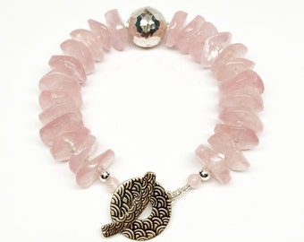 Chunky Wavy Rose Quartz Rondelles, Hammered Karen Hill Tribe Silver Ball, SAKI Bronze Clasp, Artisan Bracelet