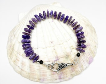 Charoite Disc Bracelet, Hill Tribe Silver, Sterling Swan Clasp