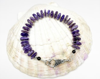 Charoite Freeform Discs, Hill Tribe Silver and Black Onyx Bracelet with Sculpted Sterling Silver Swan Clasp, Artisan Bracelet