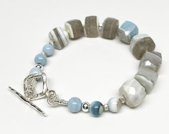 Blue Boulder Opal Cubes Hill Tribe Silver Blue Peruvian Opal Bracelet, Artisan Bracelet