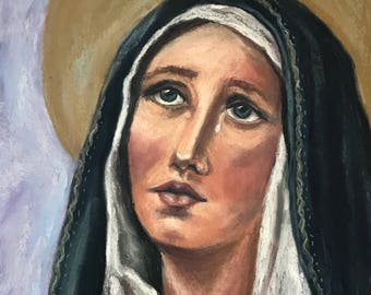 Our Lady of Sorrows painting, portrait of Mother Mary, pastel painting, religious painting, pastel painting of Mary, pastel print