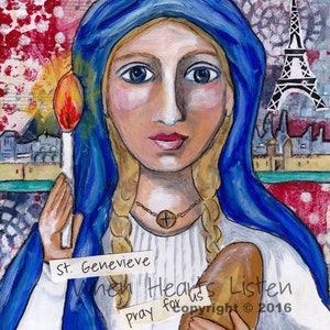 St. Genevieve, patron saint of Paris, patron saint against diseases, saint art, religious art, confirmation gift, wall decor, folk icon