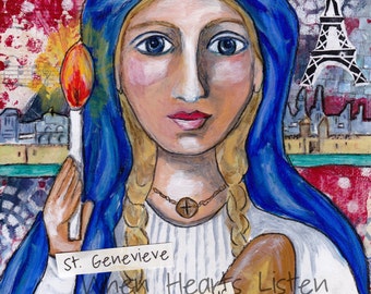 St. Genevieve, patron saint of Paris, patron saint against diseases, saint art, religious art, confirmation gift, wall decor, folk icon