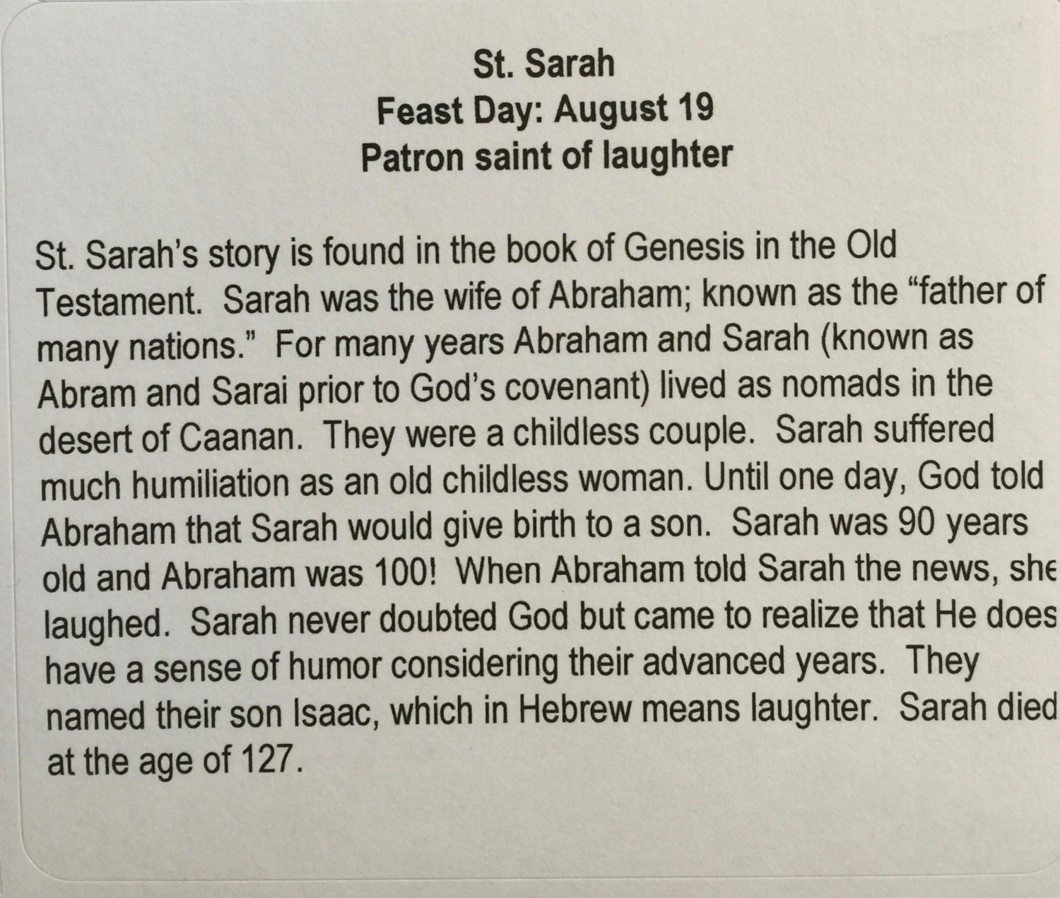 St. Sarah Patron of Laughter Religious Gift Religious Etsy