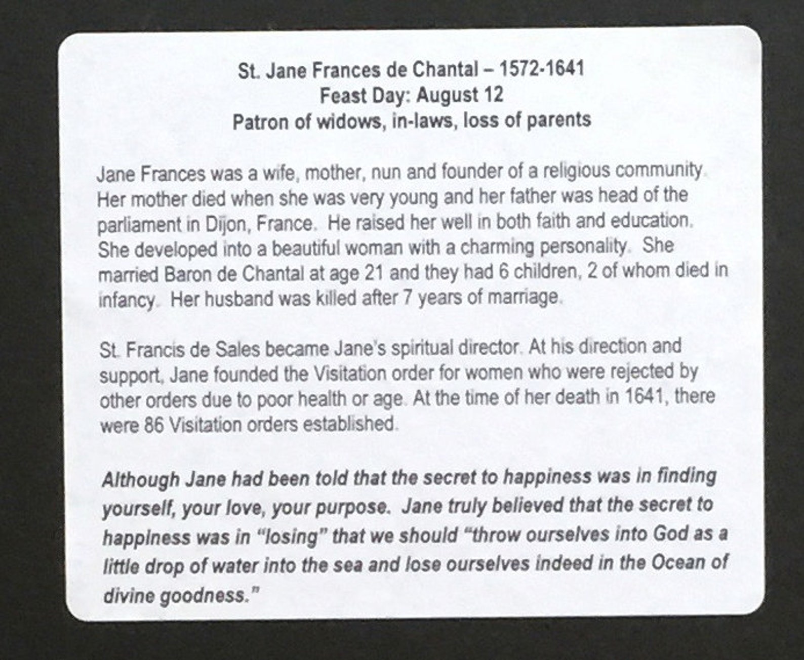 St. Jane De Chantal Patron Saint of Widows Patron Saint of Etsy