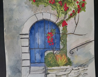 Blue Door Watercolor painting, hand-painted, botanical, blue, red flowers, vines