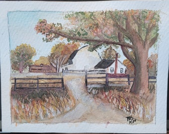 Original Watercolor, Barn and house landscape, Gift, Small, Unframed