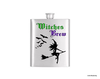 Witches Brew Sexy Witch and Bats Halloween Flask By Bottoms Up Flasks  - Stainless Steel 7 oz Liquor Hip Flasks - Flask #322