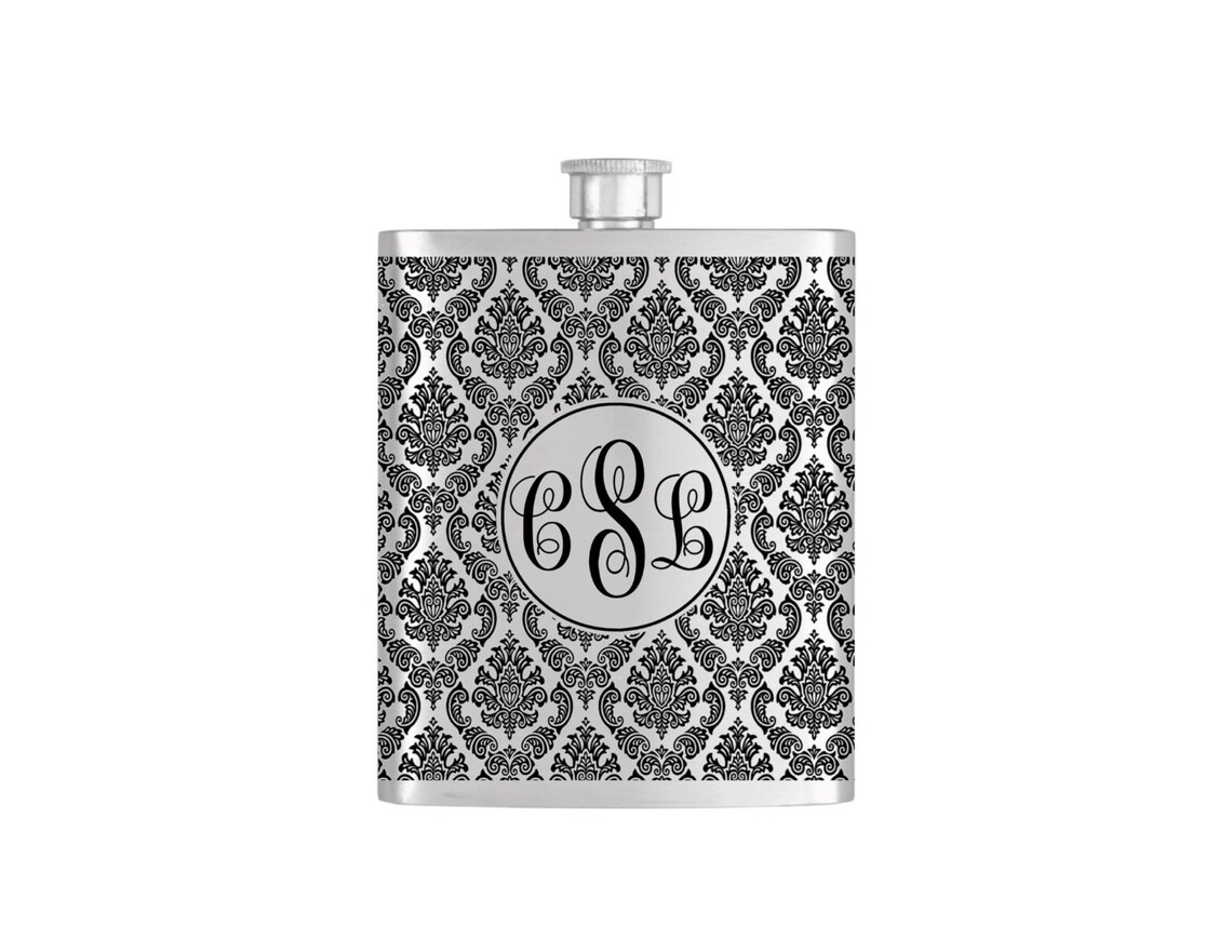 Personalized Flask Name Monogram on Black Paisley Pattern Wallpaper