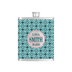 Personalized Light Blue Moroccan Wallpaper Bridesmaid Gift or Stainless Steel 7oz Liquor Hip Flask Flask48 image 1