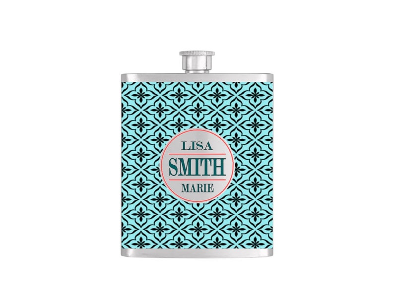 Personalized Light Blue Moroccan Wallpaper Bridesmaid Gift or Stainless Steel 7oz Liquor Hip Flask Flask48 image 1