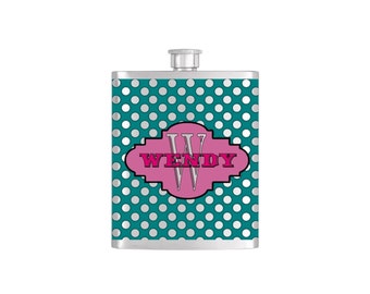 Personalized Flask Name Monogram Polka Dot Pattern Custom Color Bridesmaids Gifts - Stainless Steel 7oz Liquor Hip Flasks - Flask #182