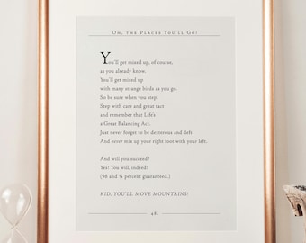 Dr. Seuss Quote | Oh, the Places You'll Go | Kid, You'll Move Mountains | Gifts for Graduate | Graduation Gift | Nursery Art | Baby Gift