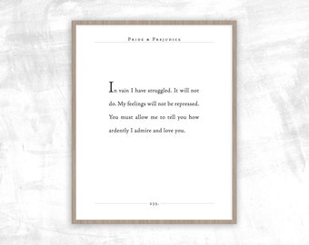 Jane Austen Quote | Pride and Prejudice quote | How Ardently I Admire and Love You | Gifts for Wife, Husband, Spouse