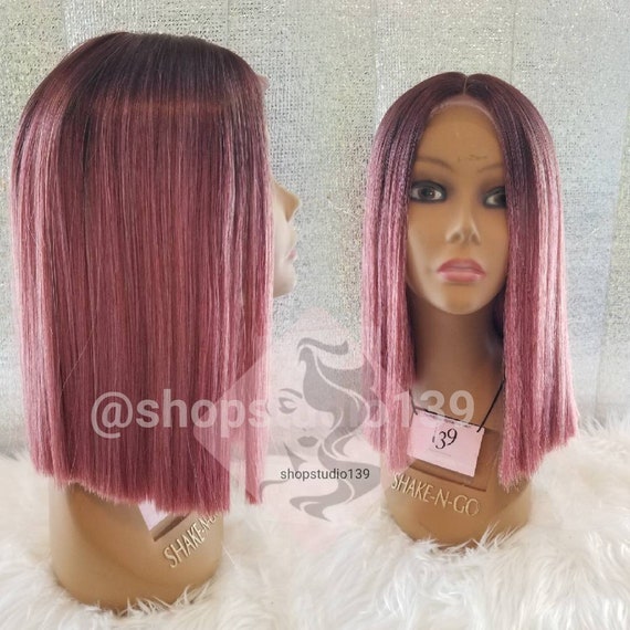 Human Hair Lace Front Pink Blunt Cut Bob With Dark Roots Etsy
