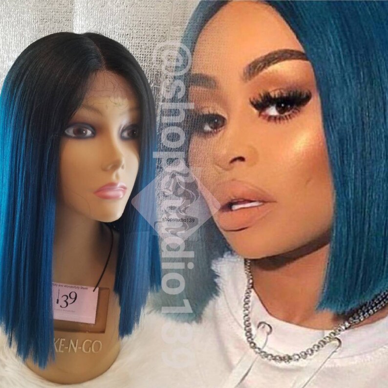 Sexy Human Hair Blend Ombre Blue Ombre Bob Lace Front Custom Etsy