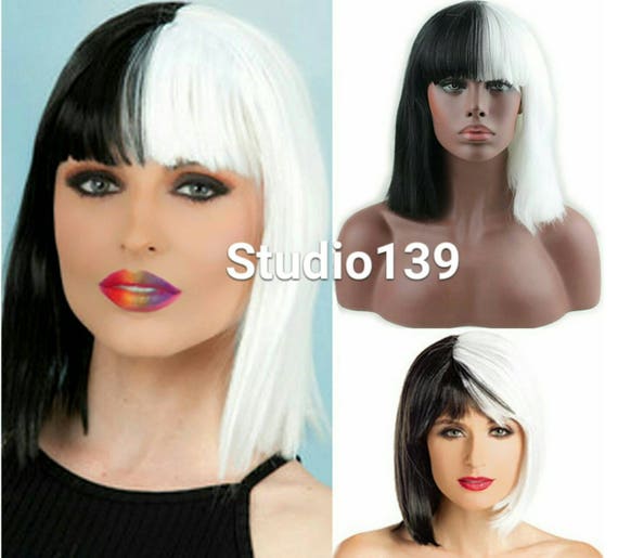 Sexy Blunt Cut Bang Bob Synthetic Wig Half Black Color Half Etsy
