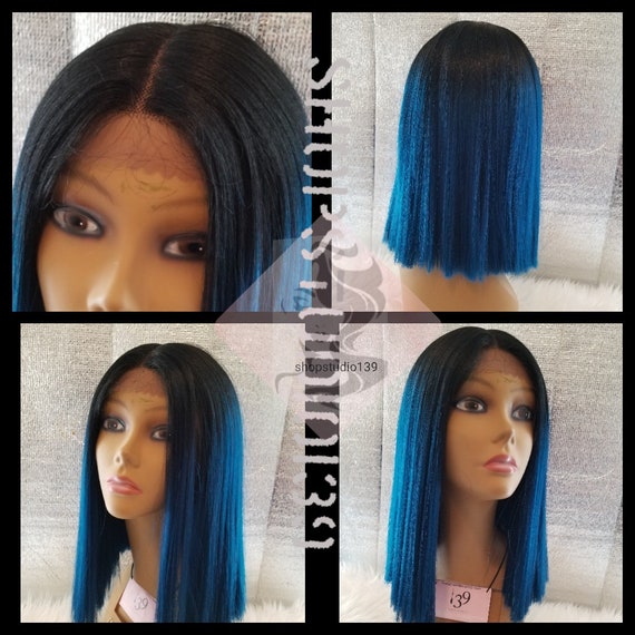 Sexy Human Hair Blend Ombre Blue Ombre Bob Lace Front Custom Etsy