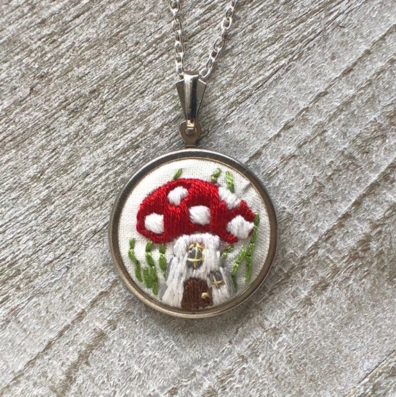 Hand embroidered mushroom pendant