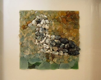 SOLD! Mr. Bird (Small)  - Oregon Coast  Genuine Sea Glass/Beach Agates/Jasper    Sea Gull - Handmade - Framed