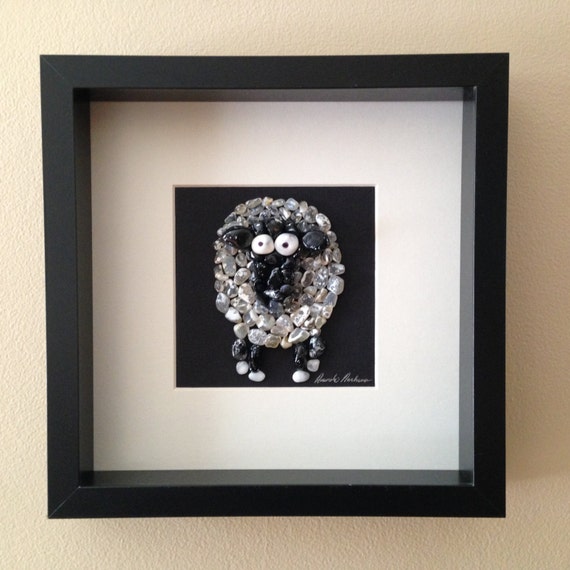 SOLD! Oregon Coast Agates Farm Series - Bahh! Beach Agate Sheep - Handmade in 10 x 10 Black Shadow Box Frame