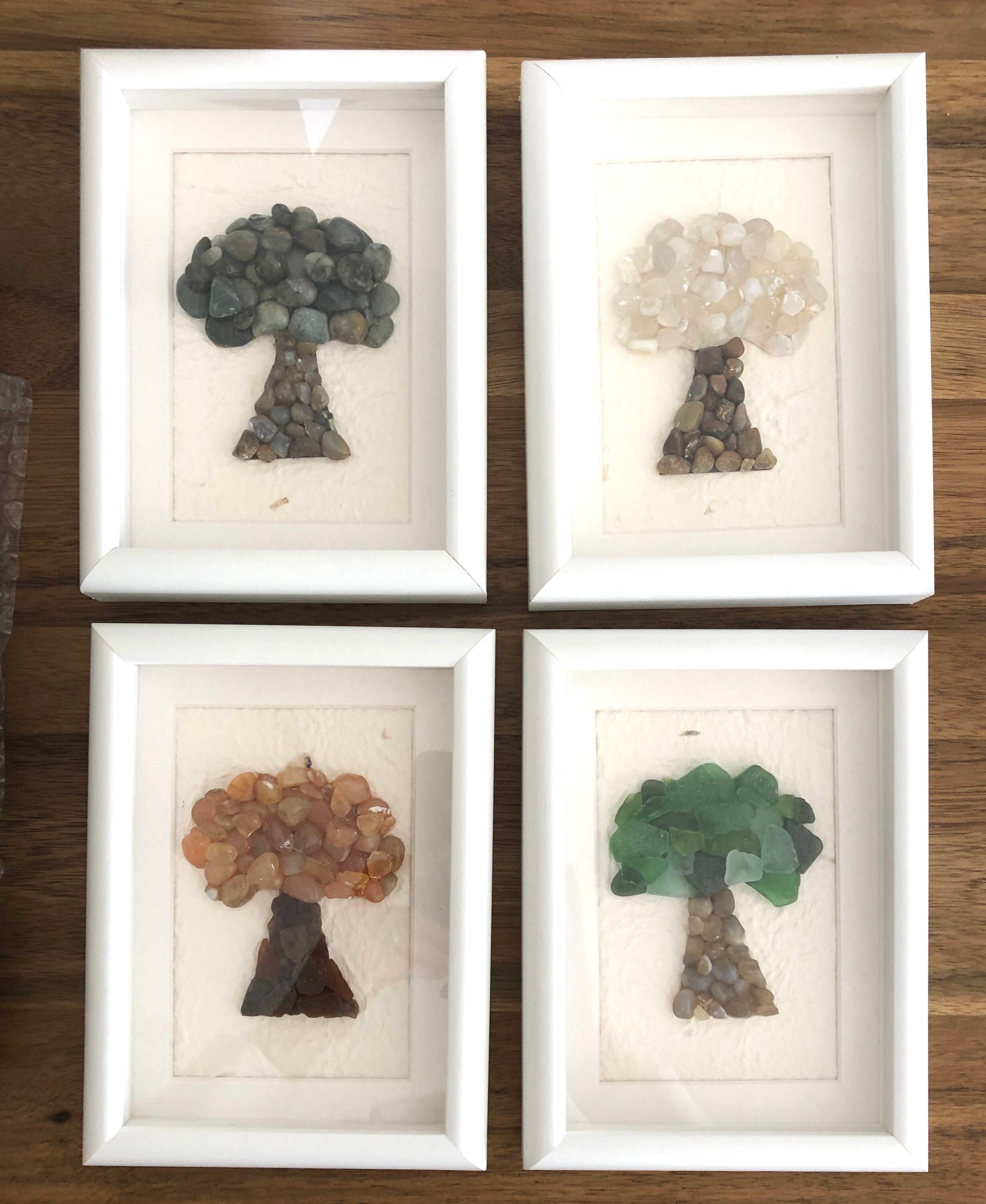 Oregon Coast Agates Four Seasons w/Beach Agates and Genuine Sea Glass in White Shadow Box Frame