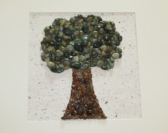 Oregon Coast Agates - Tree of Life 2 - Agate Tree on Handmade Paper in 20" Square White Shadow Box Frame