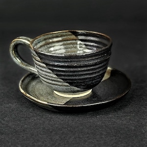 Small cup and saucer Black and white diagonal handmade ceramic cups with saucers