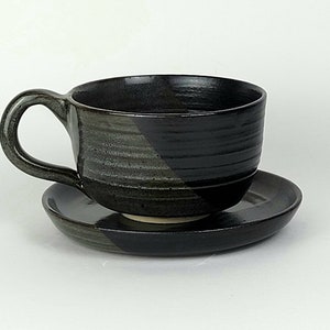 Black diagonal handmade ceramic cups and saucers